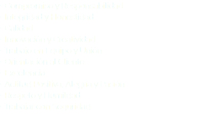 • Compromiso y Responsabilidad • Integridad y Honestidad • Calidad • Innovación y Creatividad • Trabajo en Equipo y Unión • Orientación al Cliente • Excelencia • Actitud Positiva, Alegría y Pasión • Respeto y Humildad • Trabajar con Seguridad